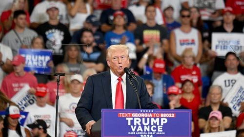 Former President Donald Trump speaks during a rally at the Georgia State University’s convocation center on Saturday, August 3, 2024 in Atlanta. Former President Donald Trump and Vice-Presidential candidate JD Vance are holding their first rally together in Georgia on Saturday at the same place – the GSU Convocation Center- Kamala Harris held hers earlier this week.  (Hyosub Shin / AJC)