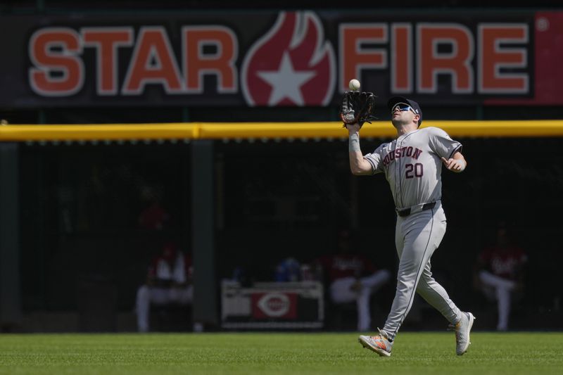 Houston Astros center fielder Chas McCormick catches a fly ball hit by Cincinnati Reds' TJ Friedl during the fourth inning of a baseball game, Thursday, Sept. 5, 2024, in Cincinnati. (AP Photo/Carolyn Kaster)