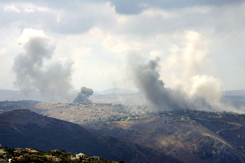 Smoke rises from Israeli airstrikes on Taybeh village, seen from the southern town of Marjayoun, Lebanon, Monday, Sept. 23, 2024.(AP Photo/Hussein Malla)