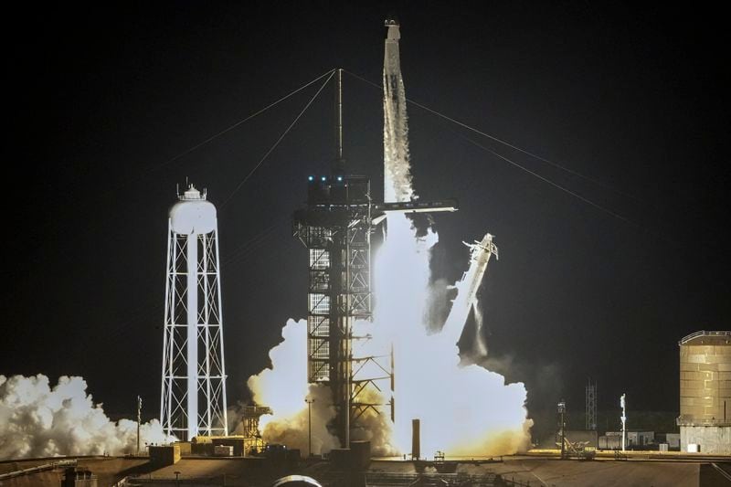 A SpaceX Falcon 9 rocket with a crew of four lifts off from pad 39A at the Kennedy Space Center in Cape Canaveral, Fla., Tuesday, Sept. 10, 2024. (AP Photo/John Raoux)