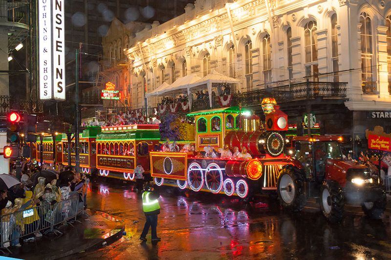 Smokey Mary, an eight-car illuminated train, is the Krewe of Orpheus' signature Mardi Gras parade float. 
(Courtesy of Mardi Gras World)