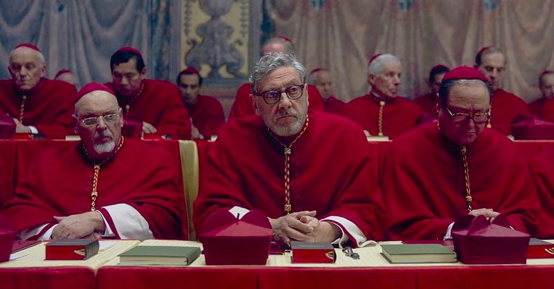 This image released by Focus Features shows Sergio Castellitto as Cardinal Tedesco, center, in a scene from "Conclave." (Focus Features via AP)