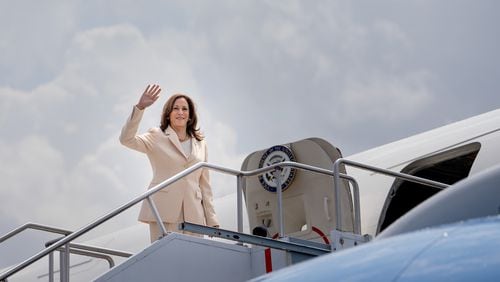 Vice President Kamala Harris boards Air Force Two in Indianapolis after speaking at Zeta Phi Beta's Grand Boulé convention on Wednesday, July 24, 2024. (Erin Schaff/The New York Times)