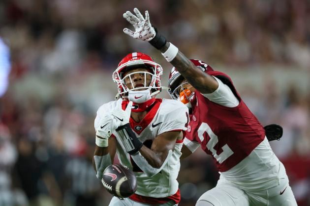 Georgia wide receiver Arian Smith (11) cannot catch a pass against Alabama defensive back Zabien Brown (2) during the first quarter at Bryant-Denny Stadium, Saturday, Sept. 28, 2024, in Tuscaloosa, Al. (Jason Getz / AJC)

