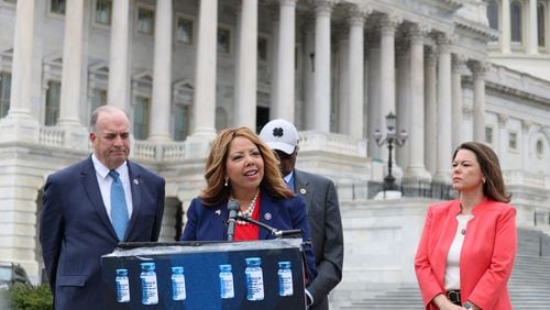 U.S. Rep. Lucy McBath, D-Georgia, speaks during a news conference ahead of the House vote on a bill to cap insulin costs for patients with private insurance to $35 per month. Handout photo courtesy of U.S. Rep. Lucy McBath's office.