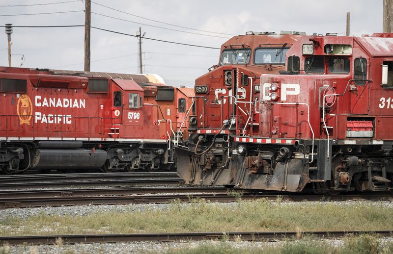 Locomotives sit idol at the CPKC rail yard in Calgary, Alta., Thursday, Aug. 22, 2024.(Jeff McIntosh /The Canadian Press via AP)