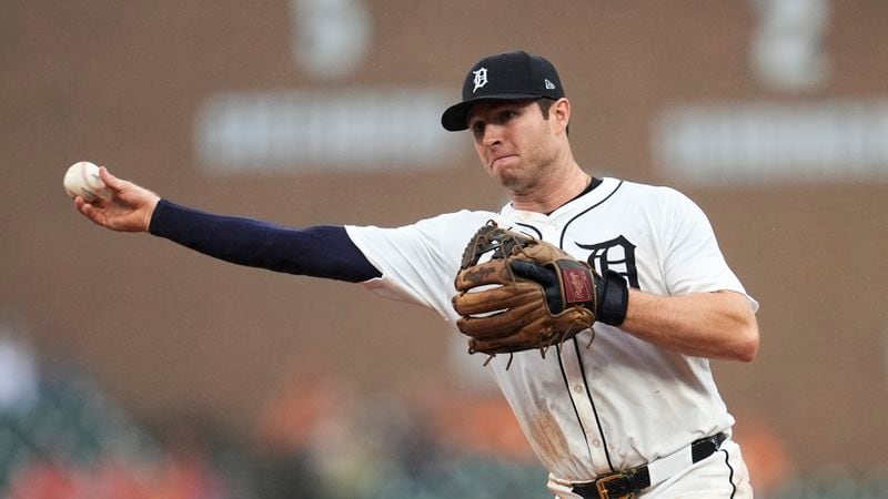 Detroit Tigers second baseman Colt Keith throws to first base for an out on a Chicago White Sox's Dominic Fletcher ground ball in the sixth inning of a baseball game, Saturday, Sept. 28, 2024, in Detroit. (AP Photo/Paul Sancya)