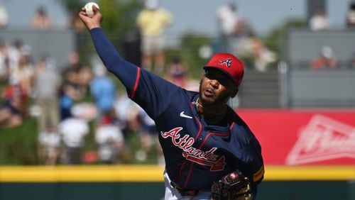 Atlanta Braves starting pitcher Darius Vines (61) throws a pitch during the fourth inning of Atlanta Braves’ home opener spring training baseball game at CoolToday Park, Sunday, Feb. 25, 2024, in North Port, Florida. (Hyosub Shin / Hyosub.Shin@ajc.com)