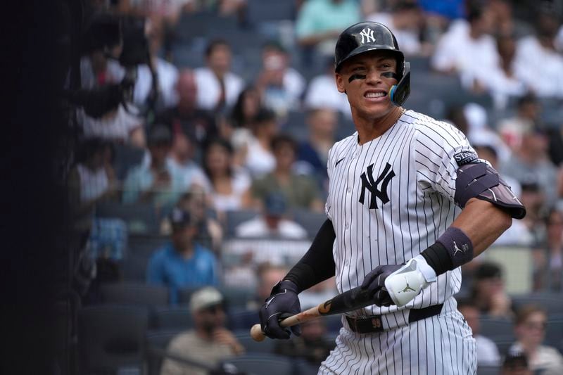 New York Yankees' Aaron Judge reacts after striking out during the fourth inning of a baseball game against the Atlanta Braves, Sunday, June 23, 2024, in New York. (AP Photo/Pamela Smith)