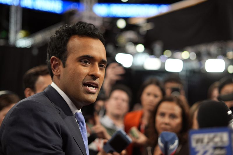 Vivek Ramaswamy speaks to reporters in the spin room before a presidential debate between President Joe Biden and Republican presidential candidate former President Donald Trump in Atlanta, Thursday, June 27, 2024. (AP Photo/Pablo Martinez Monsivais)
