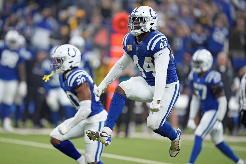 Indianapolis Colts linebacker Zaire Franklin (44) celebrates after stopping the Pittsburgh Steelers on a third down during the first half of an NFL football game Sunday, Sept. 29, 2024, in Indianapolis. (AP Photo/Michael Conroy)