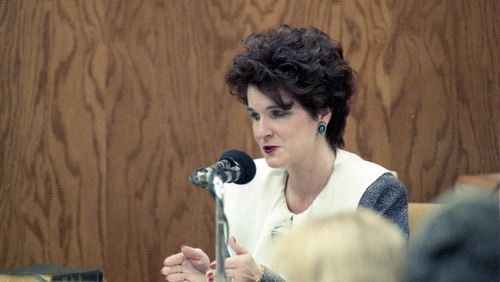 Faye Yager ran an underground escape network in the 1980s and 1990s for families when there were accusations of molestation by a spouse. She founded the network after the justice system failed her when she accused her first husband of abusing their daugther. She became even more controversial when she incorporated the idea that Satanism was behind some of the abuse. Pictured here, Yager took the stand in Cobb County on child abuse charges for her work helping others flee in 1992. She was acquitted. Photo by Joe McTyre.