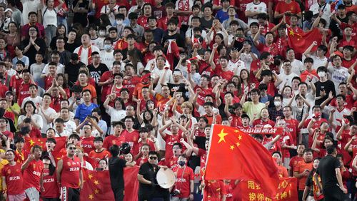 Supporters for Chinese team cheer during a World Cup and AFC Asian Qualifier between Japan and China at Saitama Stadium 2002 in Saitama, north of Tokyo, Thursday, Sept. 5, 2024.(AP Photo/Shuji Kajiyama)