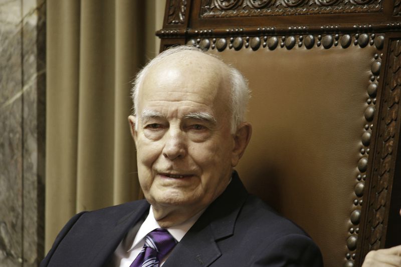 Former Gov. Dan Evans sits in the Washington state Senate chamber, Wednesday, Jan. 14, 2015, in Olympia, Wash. (AP Photo/Rachel La Corte, File)