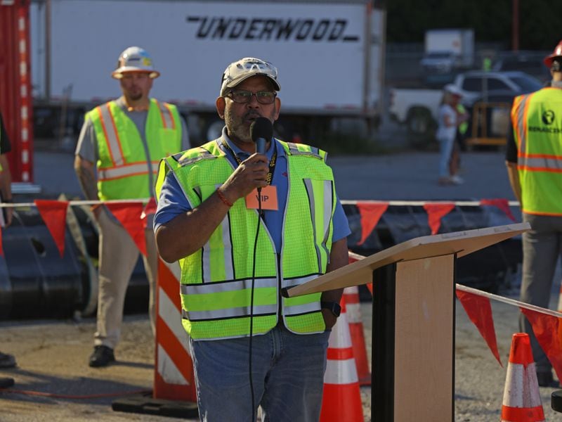 09-05-2021 Atlanta, Ga.- Balram Bheodari, general manager of Hartsfield-Jackson Airport, speaks before the demolition of the old Sheraton hotel located at 1900 Sullivan Road. The hotel was imploded to make room for new developments. (Tyson Horne / tyson.horne@ajc.com)