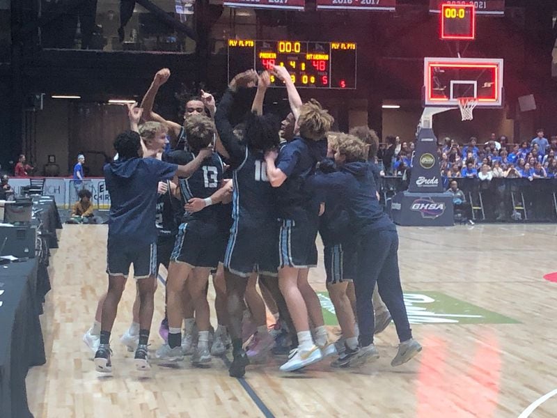 The Mount Vernon boys celebrate their Class A Division I championship win over Paideia at the Macon Coliseum, March 9, 2024.