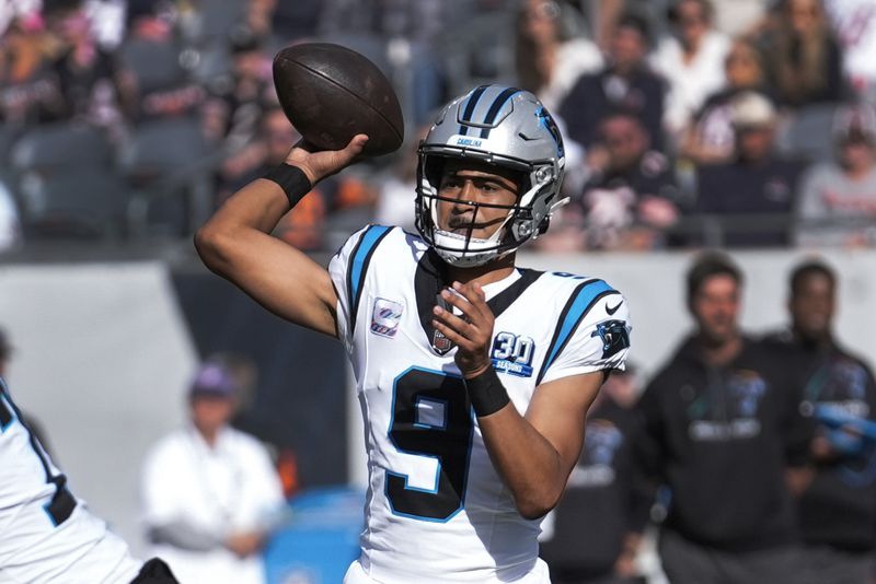 Carolina Panthers quarterback Bryce Young (9) throws against the Chicago Bears during the second half of an NFL football game Sunday, Oct. 6, 2024, in Chicago. (AP Photo/Charles Rex Arbogast)