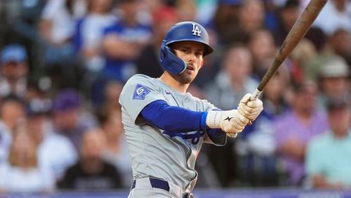 Los Angeles Dodgers second baseman Cavan Biggio (6) in the fifth inning of a baseball game Wednesday, June 19, 2024, in Denver. (AP Photo/David Zalubowski)