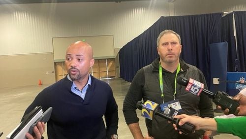 Falcons general manager Terry Fontenot and coach Arthur Smith discuss the team's offseason plans at the NFL scouting combine. (D. Orlando Ledbetter/dledbetter@ajc.com)