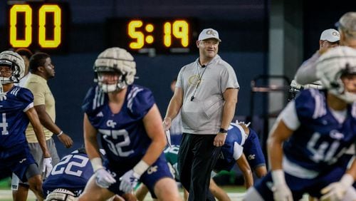 Georgia Tech head coach Brent Key watches his team during the second day of football practice at the Brock Indoor Practice Facility on Thursday, July 25, 2024, in Atlanta.
(Miguel Martinez / AJC)