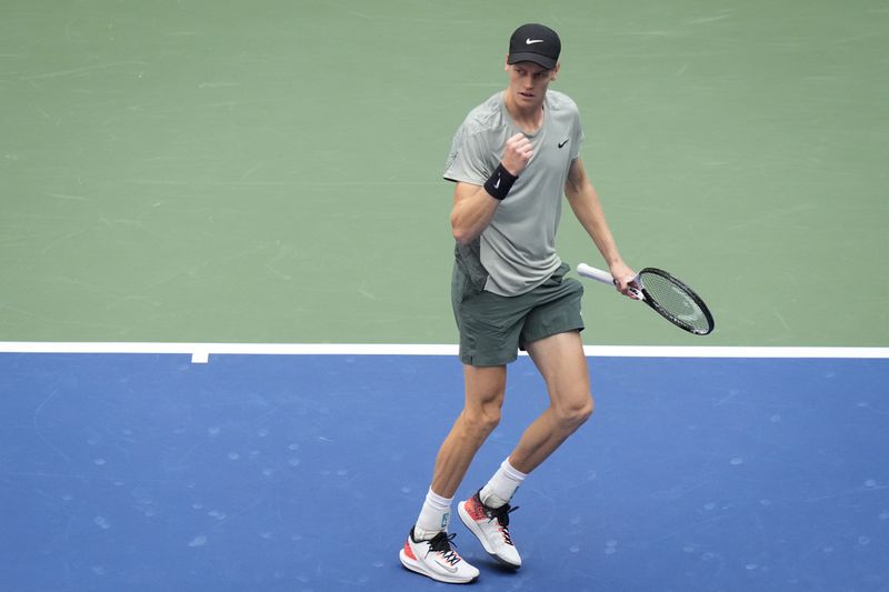 Jannik Sinner, of Italy, reacts after scoring a point against Taylor Fritz, of the United States, during the men's singles final of the U.S. Open tennis championships, Sunday, Sept. 8, in New York. 2024. (AP Photo/Frank Franklin II)