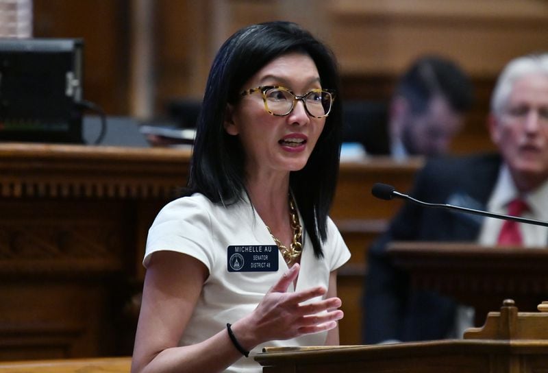 State Sen. Michelle Au attended a forum on Saturday in Johns Creek to focus voters’ attention to Georgia's restrictive abortion law. She is pictured speaking in the Senate Chambers in 2021. (Hyosub Shin / Hyosub.Shin@ajc.com)