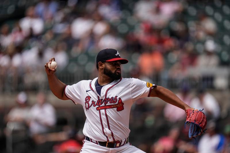 Atlanta Braves pitcher Reynaldo López (40) works in the first inning of a baseball game against the Detroit Tigers, Wednesday, June 19, 2024, in Atlanta. (AP Photo/Mike Stewart)