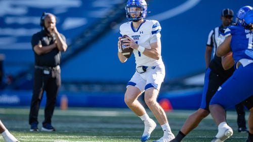 Georgia State Panthers quarterback Zach Gibson throws a pass during a spring football game Friday, April 12, 2024, 2024, at Center Parc Stadium. Gibson is one of two possible starters for the season opener Saturday against Georgia Tech. (The Atlanta Journal-Constitution/Jason Allen)