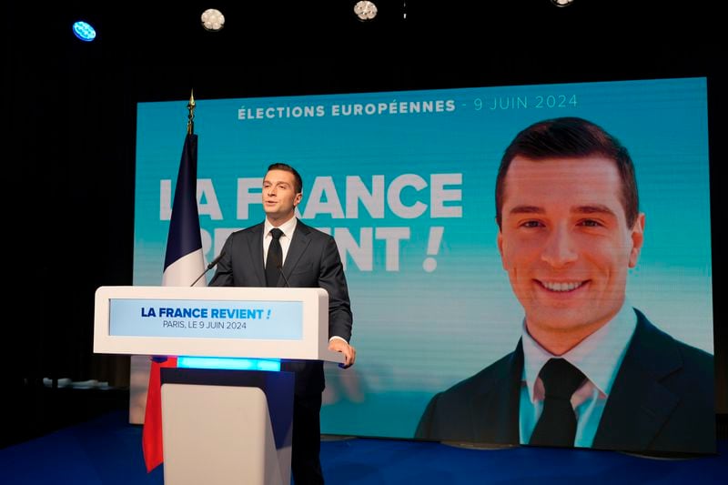 French far-right National Rally lead candidate Jordan Bardella delivers a speech at the party election night headquarters, Sunday, June 9, 2024 in Paris. First projected results from France put far-right National Rally party well ahead in EU elections, according to French opinion poll institutes. (AP Photo/Lewis Joly)