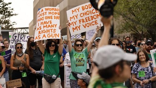 Abortion rights demonstrators protest in downtown Atlanta in response to The Supreme Court’s decision to overturn Roe vs. Wade on Friday, June 24, 2022. (Natrice Miller / natrice.miller@ajc.com)