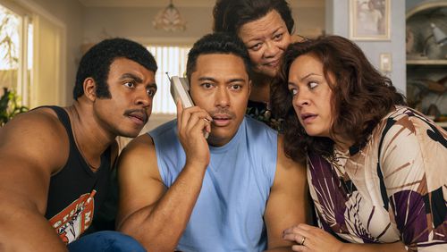 Young Rock -- "Election Day" Episode 111 -- Pictured: (l-r) Joseph Lee Anderson as Rocky Johnson, Uli Latukefu as Dwayne, Ana Tuisila as Lia, Stacey Leilua as Ata Johnson -- (Photo by: Mark Taylor/NBC)