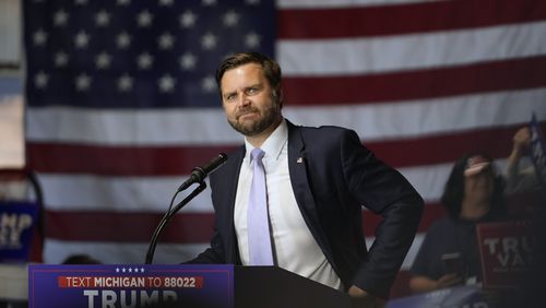 Republican vice presidential nominee Sen. JD Vance, R-Ohio, speaks at a campaign event Wednesday, Sept. 25, 2024, in Traverse City, Mich. (AP Photo/Paul Sancya)