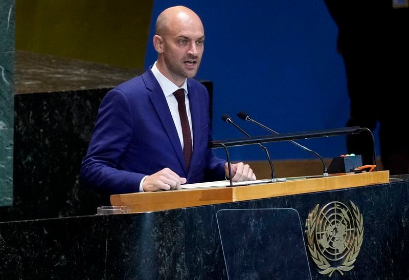 France's Foreign Minister Jean-Noel Barrot addresses the the Summit of the Future, in the United Nations General Assembly, Monday, Sept. 23, 2024. (AP Photo/Richard Drew)