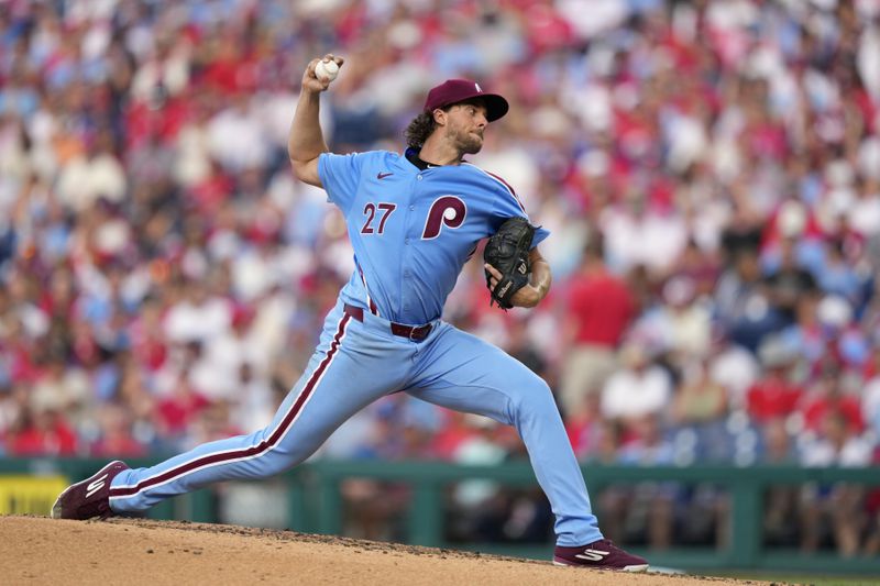 Philadelphia Phillies' Aaron Nola pitches during the third inning of a baseball game against the Los Angeles Dodgers, Thursday, July 11, 2024, in Philadelphia. (AP Photo/Matt Slocum)