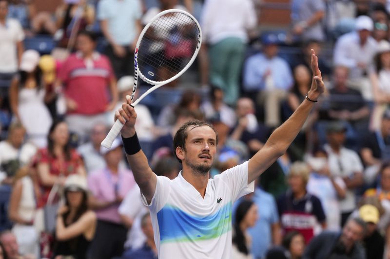 Daniil Medvedev, of Russia, celebrates winning a match against Nuno Borges, of Portugal, in the fourth round of the U.S. Open tennis championships, Monday, Sept. 2, 2024, in New York. (AP Photo/Kirsty Wigglesworth)