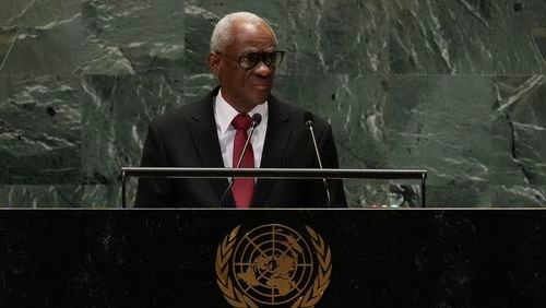 The president of Haiti's transitional presidential council, Edgard Leblanc Fils, addresses the 79th session of the United Nations General Assembly, Thursday, Sept. 26, 2024, at U.N. headquarters. (AP Photo/Frank Franklin II)