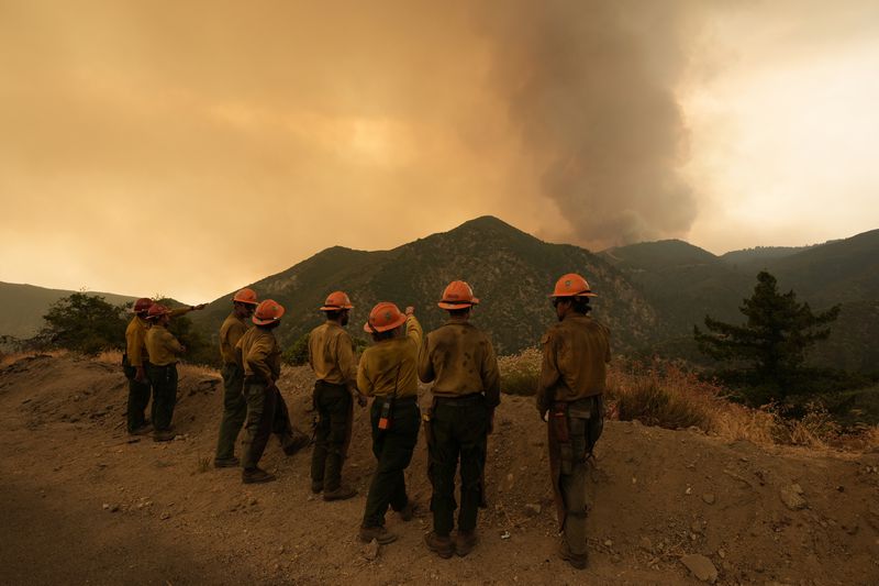 Members of the Mill Creek Hotshots monitor the Line Fire Monday, Sept. 9, 2024, near Angelus Oaks, Calif. (AP Photo/Gregory Bull)