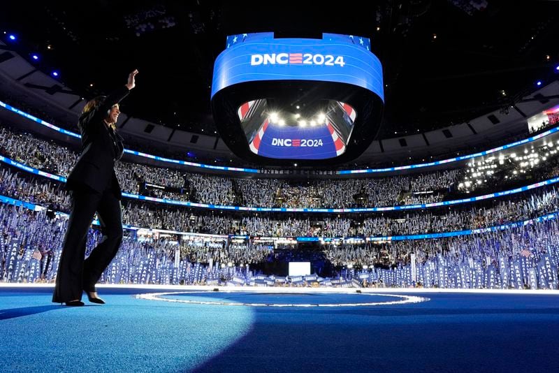 Democratic presidential nominee Vice President Kamala Harris arrives to speak on the final night of the Democratic National Convention in Chicago, Thursday, Aug. 22, 2024. (Kent Nishimura/The New York Times via AP, Pool)