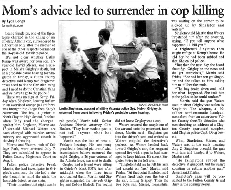 This Atlanta Journal-Constitution article from July 15, 2000, describes a probable cause hearing for Leslie Singleton (shown in the article's photo) in the Melvin Grigley murder case. (AJC archive) 