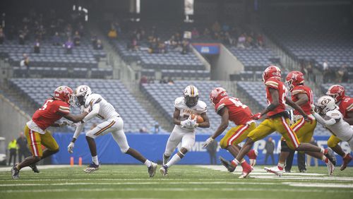 Fitzgerald running back Denorris Goodwin (7) carries the ball through Thomasville’s defense in the second half of a GHSA class AA championship game Friday, Dec. 10, 2021 at Center Parc Stadium in Atlanta. (Daniel Varnado/ For the Atlanta Journal-Constitution)