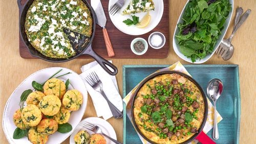 Frittatas are relaxed, throw-together egg dishes cooked and baked in ovenproof skillets. Adding flour, baking powder and full-fat Greek yogurt transforms frittatas, like this Springy Herb Frittata (top center), Potato & Pea Frittata (bottom right) and Florentine Frittata Muffins (bottom left), into magical meals. (Chadwick Boyd for The Atlanta Journal-Constitution)