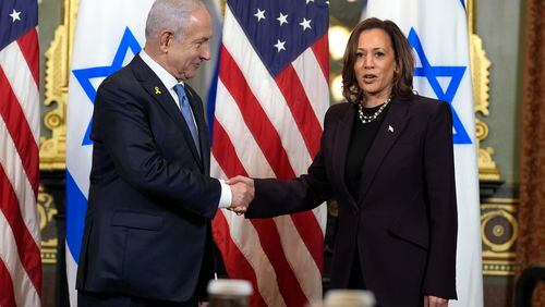 FILE - Vice President Kamala Harris, right, shakes hands with Israeli Prime Minister Benjamin Netanyahu in Washington, July 25, 2024. Just days after launching her White House campaign, Harris tiptoed along one of the most divisive fault lines in Democratic politics on Thursday as she met with Netanyahu. Harris called her meeting with the Israeli leader “frank and constructive.” (AP Photo/Julia Nikhinson, File)