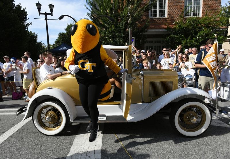 Georgia Tech's mascot, Buzz, jumps off from Ramblin' Wreck before the start of the Georgia Tech home opener against Northern Illinois outside Georgia Tech's Bobby Dodd Stadium on Saturday, Sept. 4, 2021. (Hyosub Shin / Hyosub.Shin@ajc.com)