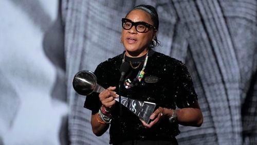 South Carolina head coach Dawn Staley speaks after receiving the Jimmy V Award for Perseverance during the ESPY awards on Thursday, July 11, 2024, at the Dolby Theatre in Los Angeles. (AP Photo/Mark J. Terrill)