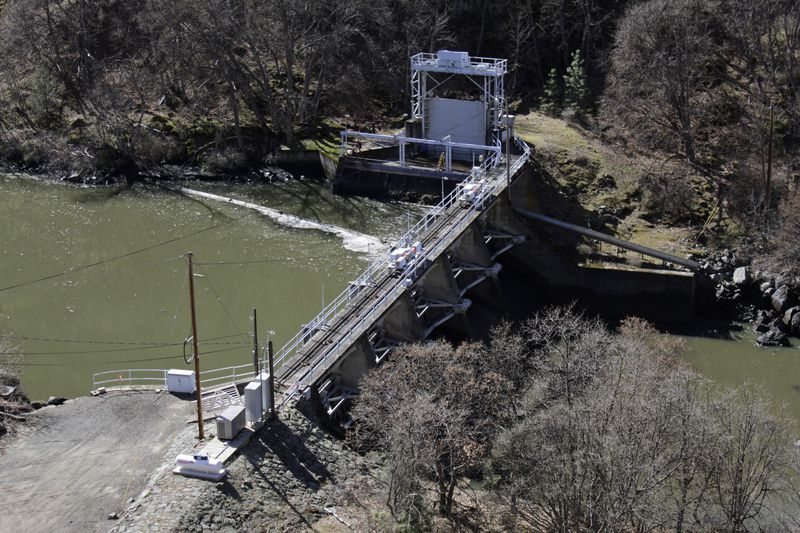 FILE - A dam on the lower Klamath River known as Copco 2 is seen near Hornbrook, Calif., on March 3, 2020. (AP Photo/Gillian Flaccus, File)