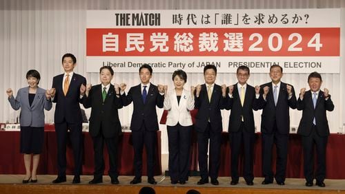 FILE - Candidates of Japan's ruling Liberal Democratic Party (LDP) presidential election, from left, Economic Security Minister Sanae Takaichi, former Economic Security Minister Takayuki Kobayashi, Chief Cabinet Secretary Yoshimasa Hayashi, former Environment Minister Shinjiro Koizumi, Foreign Minister Yoko Kamikawa, former Chief Cabinet Secretary Katsunobu Kato, Digital Minister Taro Kono, former Defense Minister Shigeru Ishiba and LDP Secretary General Toshimitsu Motegi, pose for a photo session before the start of a joint news conference at the party's headquarters in Tokyo Friday, Sept. 13, 2024. (Franck Robichon/Pool Photo via AP, File)