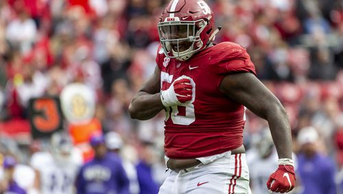 Alabama defensive lineman Christian Barmore (58) celebrates a sack against Western Carolina during the first half Saturday, Nov. 23, 2019, in Tuscaloosa, Ala. (Vasha Hunt/AP)