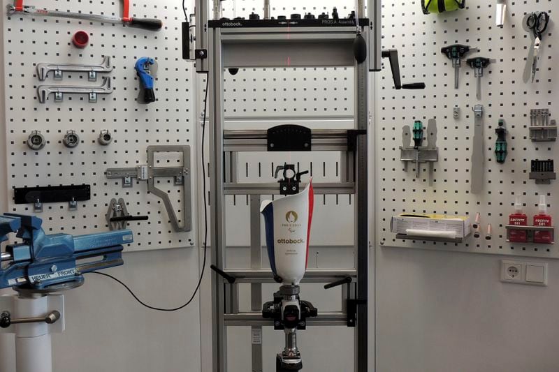 A wall full of tools in the Ottobock repair center at the Paralympic Village in Saint-Denis, near Paris, France, Saturday, Aug. 24, 2024. (AP Photo/Tom Nouvian)