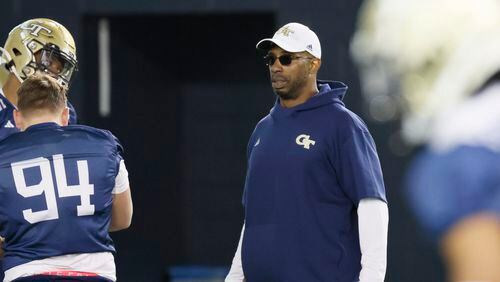 Georgia Tech defensive line coach Marco Coleman watches over during a spring practice session at the John and Mary Brock Indoor Practice Facility on Monday, March 13, 2023.
Miguel Martinez /miguel.martinezjimenez@ajc.com