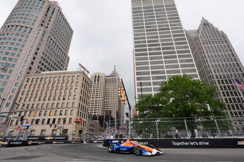 Scott Dixon (9) drives during the IndyCar Detroit Grand Prix auto race in Detroit, Sunday, June 2, 2024. (AP Photo/Paul Sancya)